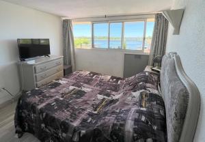 a bedroom with a bed and a television and a window at Agréable maison avec terrasse et piscine collective -6PQ32 in Le Barcarès +13 photos