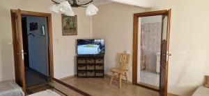 een woonkamer met een televisie en een spiegel bij Apartament Orkisz in Zakopane