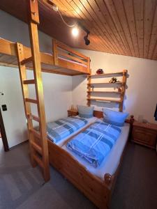 a bedroom with a bunk bed with blue pillows at Ferienhaus Hilletalblick in Winterberg