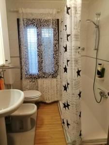 baño con aseo y cortina de ducha con estrellas en APPARTAMENTO PANORAMICO, en Treponti