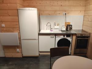 a small kitchen with a refrigerator and a sink at Petit appartement Andernos in Andernos-les-Bains