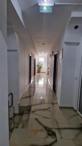 an empty hallway of a building with a potted plant at Pensiunea Toma in Ploieşti