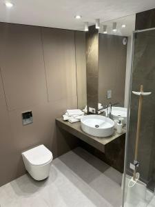 a bathroom with a sink and a toilet and a mirror at Apartamenty Czarne Owce in Szklarska Poręba