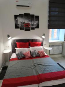 een slaapkamer met een groot bed met rode en witte kussens bij Apartment for rent in the city center of Kharkiv K18 Elinaflats in Charkov