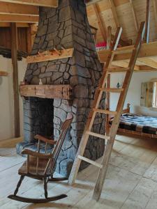 a room with a ladder and a chair and a fireplace at La petite maison dans la prairie The country House 56 in Campénéac