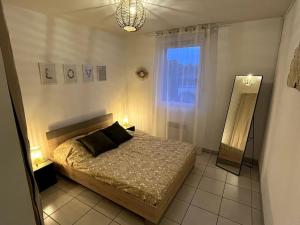 um quarto com uma cama e uma janela em Le lac du pigeonnier em Colomiers