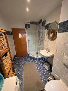 La salle de bains est pourvue d'une douche et d'un lavabo. dans l'établissement Apartment BERNSTEIN ruhig, familienfreundlich mit Garten, à Rostock