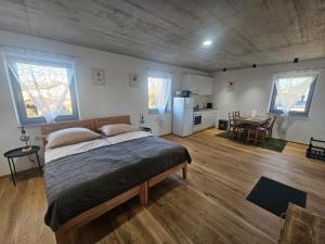 a bedroom with a bed and a kitchen and a table at Hajdar in Mattighofen
