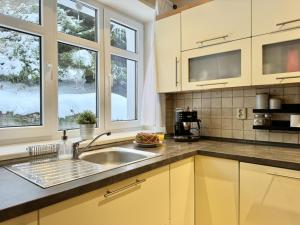 a kitchen with a sink and some windows at Chalupa Hraběnka in Jablonec nad Nisou