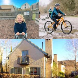 a collage of three pictures of a child riding a bike at Cotswold Cottage Sleeps 7 pool/sports/spa/walks in Somerford Keynes