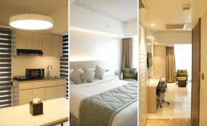 Lakeshore Heights في داكا: صورتين لغرفة فندق فيها سرير ومطبخ
