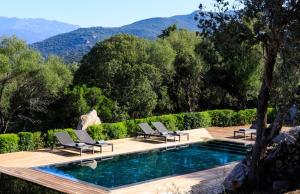 una piscina con tumbonas junto a una montaña en Villa Occhinello, en Propriano