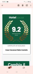 Certifikát, ocenenie alebo iný dokument vystavený v ubytovaní Casa Vacanza Pablo Castello
