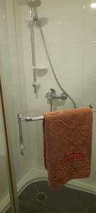 uma casa de banho com uma toalha pendurada no chuveiro em Pension Haus Baron 2 Friedrichsfeld em Edingen-Neckarhausen