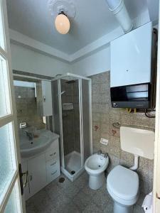 a bathroom with a toilet and a shower and a sink at Villa Gatti [Limone Centro] in Limone Piemonte