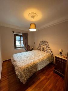 利莫內皮埃蒙特的住宿－Villa Gatti [Limone Centro]，一间卧室设有床、窗户和一盏灯。