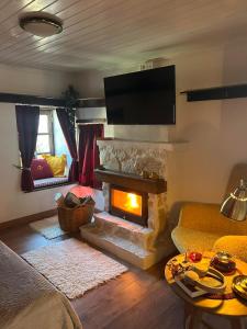 a living room with a fireplace and a tv at la foret in Metsovo