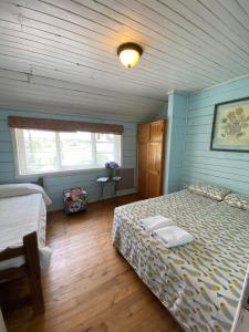 1 dormitorio con 2 camas en una habitación azul en La Guapa Hostel, en Puerto Varas