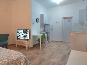 Schlafzimmer mit einem Bett und einem Schreibtisch mit einem TV in der Unterkunft Paradise in haifa near the bahai gardens in Haifa