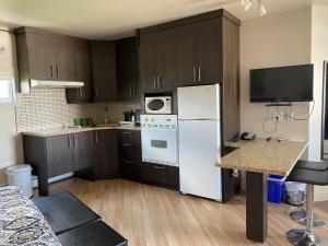 a kitchen with brown cabinets and a white refrigerator at Motel Centre-Ville in Montmagny