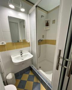 a bathroom with a sink and a shower and a toilet at Robins Nest in The City Center in Maribor