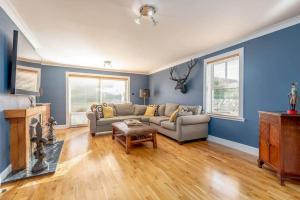 a living room with blue walls and a couch at Rosemount - Perfect for Gatherings - Kilrenny in Fife