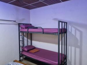 Habitación con 3 literas y sábanas moradas. en Maison Parnakuti Adigas Homestay Dharmasthala Guest House Hotel Room, en Dharmastala