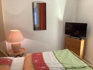 1 dormitorio con 1 cama, TV y lámpara en NEU! Ferienhaus Zur Oste en Hechthausen