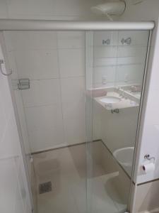 uma casa de banho com uma cabina de duche em vidro e um lavatório. em Brookfield Tower em Goiânia