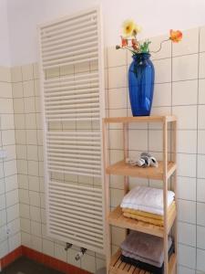 a bathroom with a shelf with a blue vase at Architekten Villa in Theaternähe in Meiningen
