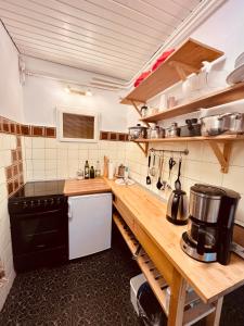 a kitchen with a wooden counter top in a room at Familienapartment mit Balkon und Garten in Ober-Lembach