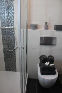 a bathroom with towels on a toilet and a shower at Ferienwohnung Novotny in Lörrach