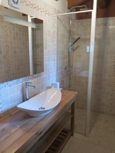 een badkamer met een wastafel en een douche bij Domaine du Mayne - La Ferme - Clévacances 3 clés in Blanquefort-sur-Briolance