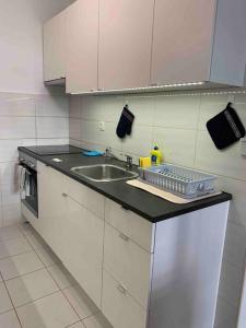 a kitchen with a sink and a counter top at Close to center big terrace city tram garage parking place fast WIFI Super king size bed grocery 1min in Zagreb