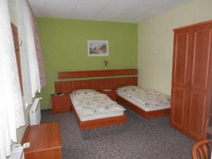 2 camas en una habitación con paredes verdes en Ferienwohng u Zimmer Goldschmidt, en Wickerode