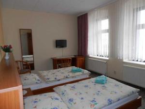 a room with two beds and a tv and windows at Ferienwohng u Zimmer Goldschmidt in Wickerode