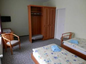 Habitación de hotel con 2 camas, escritorio y 1 dormitorio en Ferienwohng u Zimmer Goldschmidt, en Wickerode