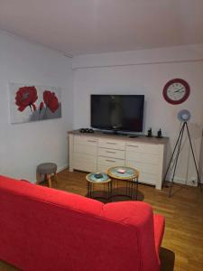 a living room with a red couch and a tv at Appartement entier Bourges Avaricum centre ville in Bourges