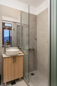 a bathroom with a sink and a shower at Koukou Spitiko in Dhimitsana