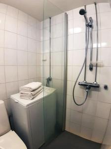 y baño con ducha de cristal y aseo. en Romanttinen Retrokaksio, en Oulu