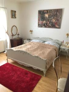 1 dormitorio con cama y alfombra roja en Romanttinen Retrokaksio, en Oulu