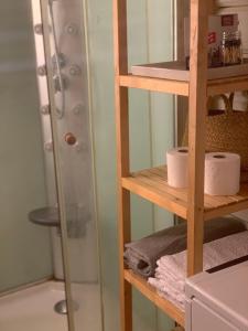 La salle de bains est pourvue d'une douche et d'une étagère avec des articles de toilette. dans l'établissement Mysig stuga i vemdalssskalet, à Vemdalen