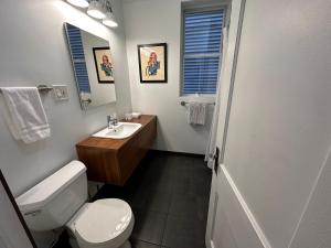 a bathroom with a toilet and a sink and a mirror at Logan Square Hideaway in Chicago