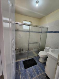 a bathroom with a shower and a toilet and a sink at Villa sol de samana' in Los Róbalos