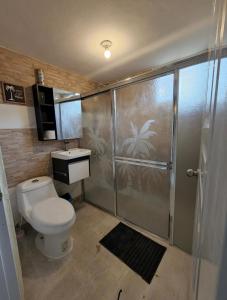 a bathroom with a shower with a toilet and a sink at Villa sol de samana' in Los Róbalos