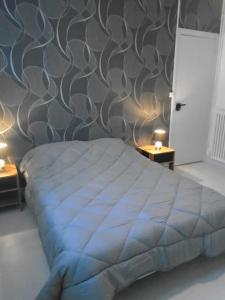 a bedroom with a bed with a patterned wall at T4 plein centre ville in Lourdes