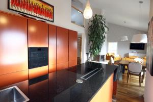 uma cozinha com um balcão preto num quarto em Sea View Olive Retreat em Portorož