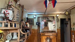 een kamer met een winkel met houten vloeren en een kamer met gezoomde veren bij HOSTAL VICTORIA in Punta Arenas