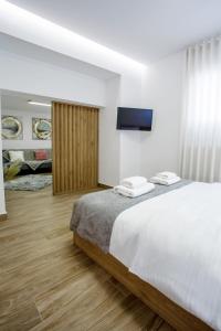 1 dormitorio con 1 cama grande y TV en Airbnb Kastoria - Bella Vista B, en Kastoria