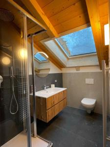 a bathroom with a skylight and a sink and a toilet at Appartamento Rio Duron in Campitello di Fassa